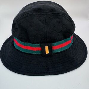 Gucci Black GG Monogram Bucket Hat Web Stripe Logo Made in Italy
